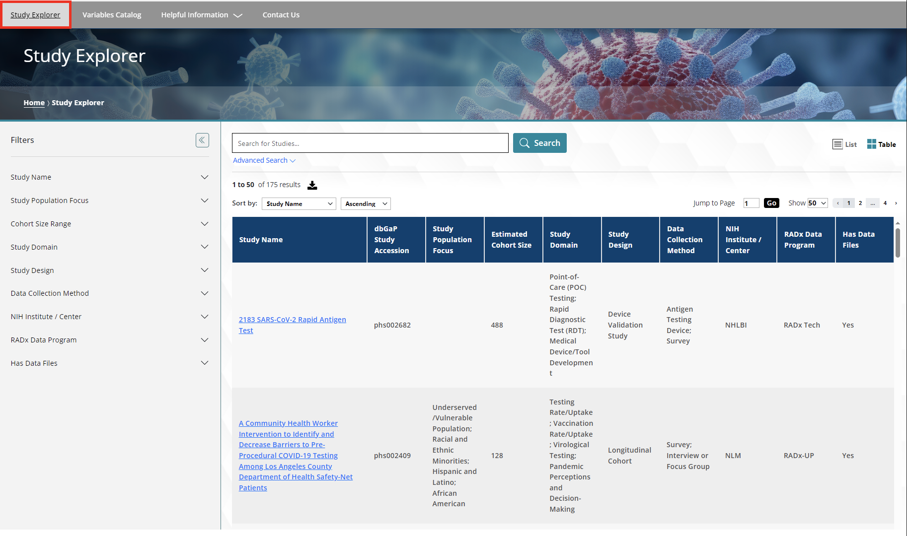 Figure 1: Study Explorer, Table view