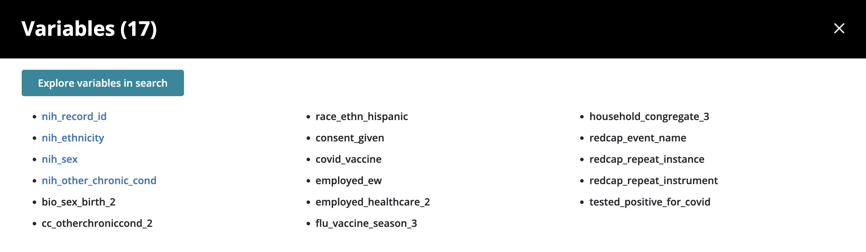 Figure 9: List of Variables modal 